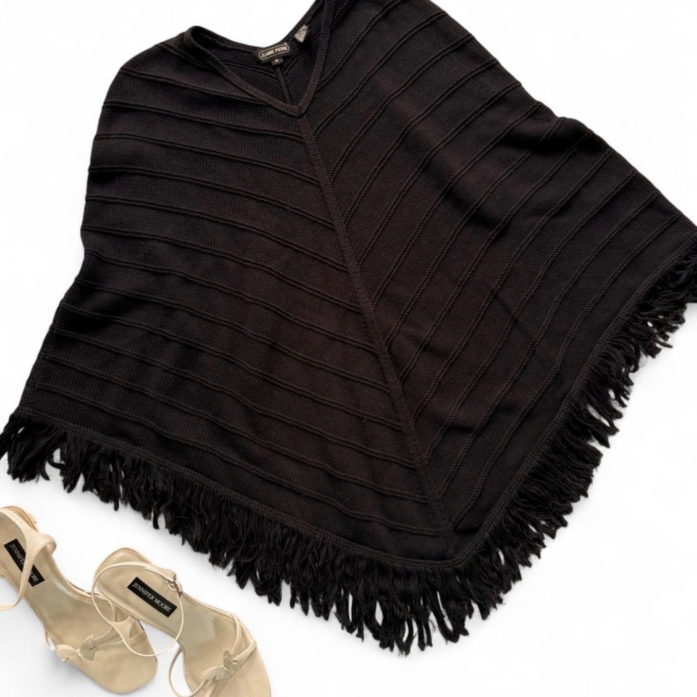 JEANNE PIERRE Black V‑Neck Knit Poncho with Fringe